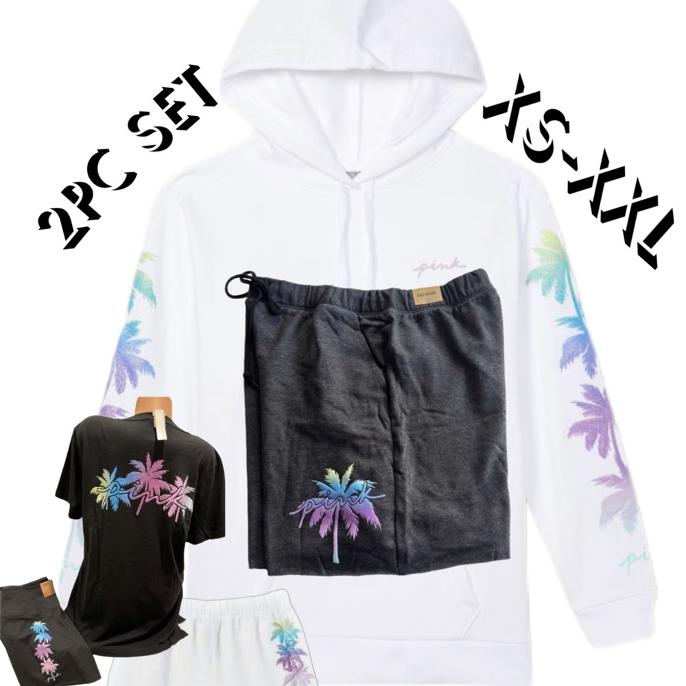 NEW VICTORIAS SECRET PINK BLING PALM SHINE PULLOVER HOODIE & YOU PICK SHORTS